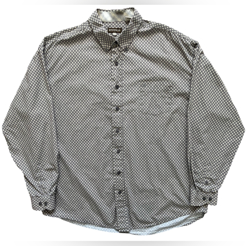 Mens Stetson Western Gray and Cream Dotted Button Down Shirt Size 2XL